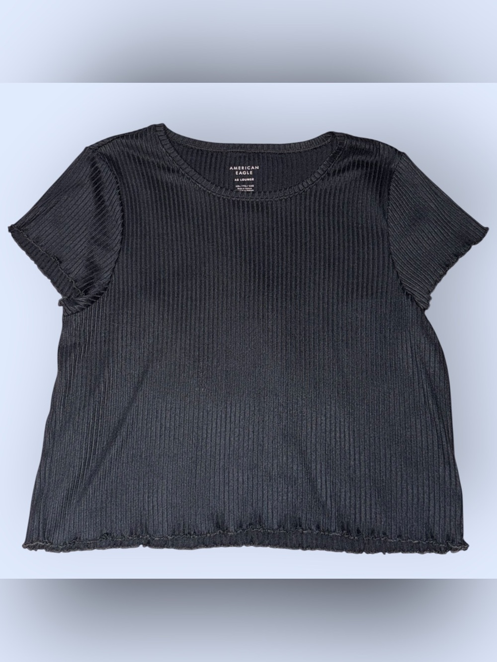 American Eagle Outfitters Black Ribbed Lettuce-Hem Short Sleeve Tee